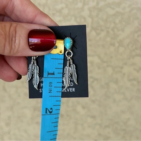 Native American Made Sterling Turquoise Feather Earrings - Picture 8 of 8